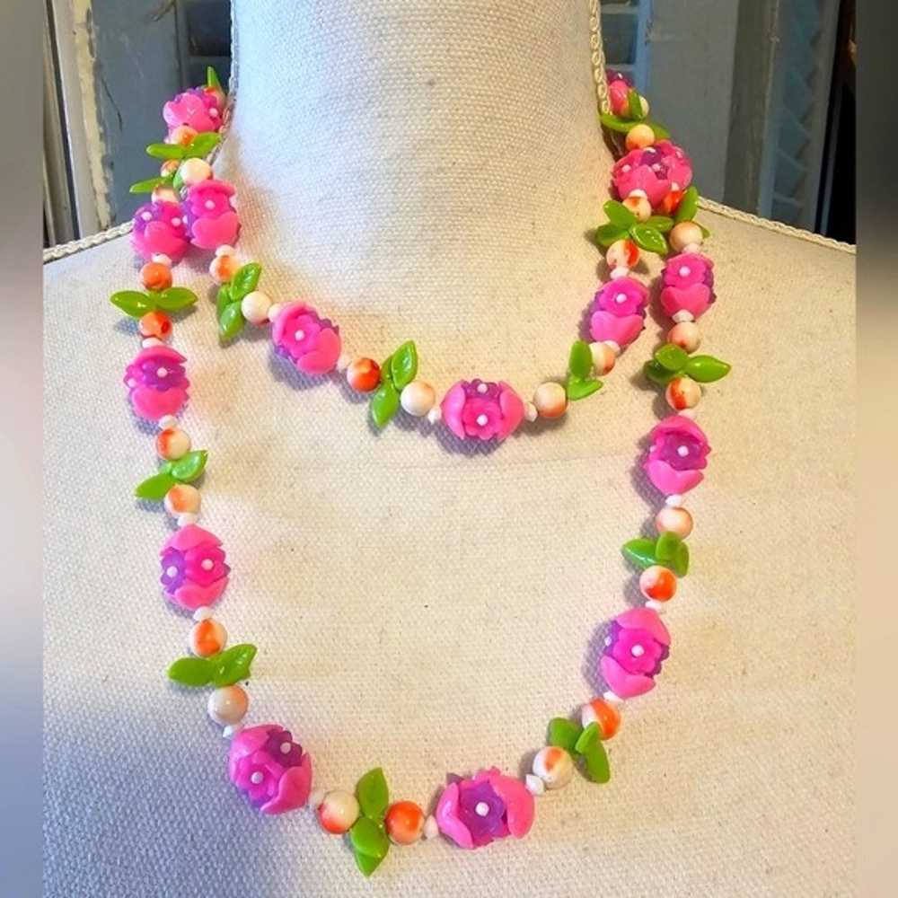 40's Carmen Miranda Fruit Salad Necklace Pink Flo… - image 1