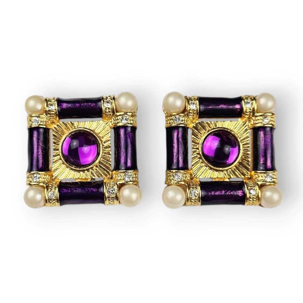 Vintage 80s Runway Earrings Purple Enamel Lucite … - image 1