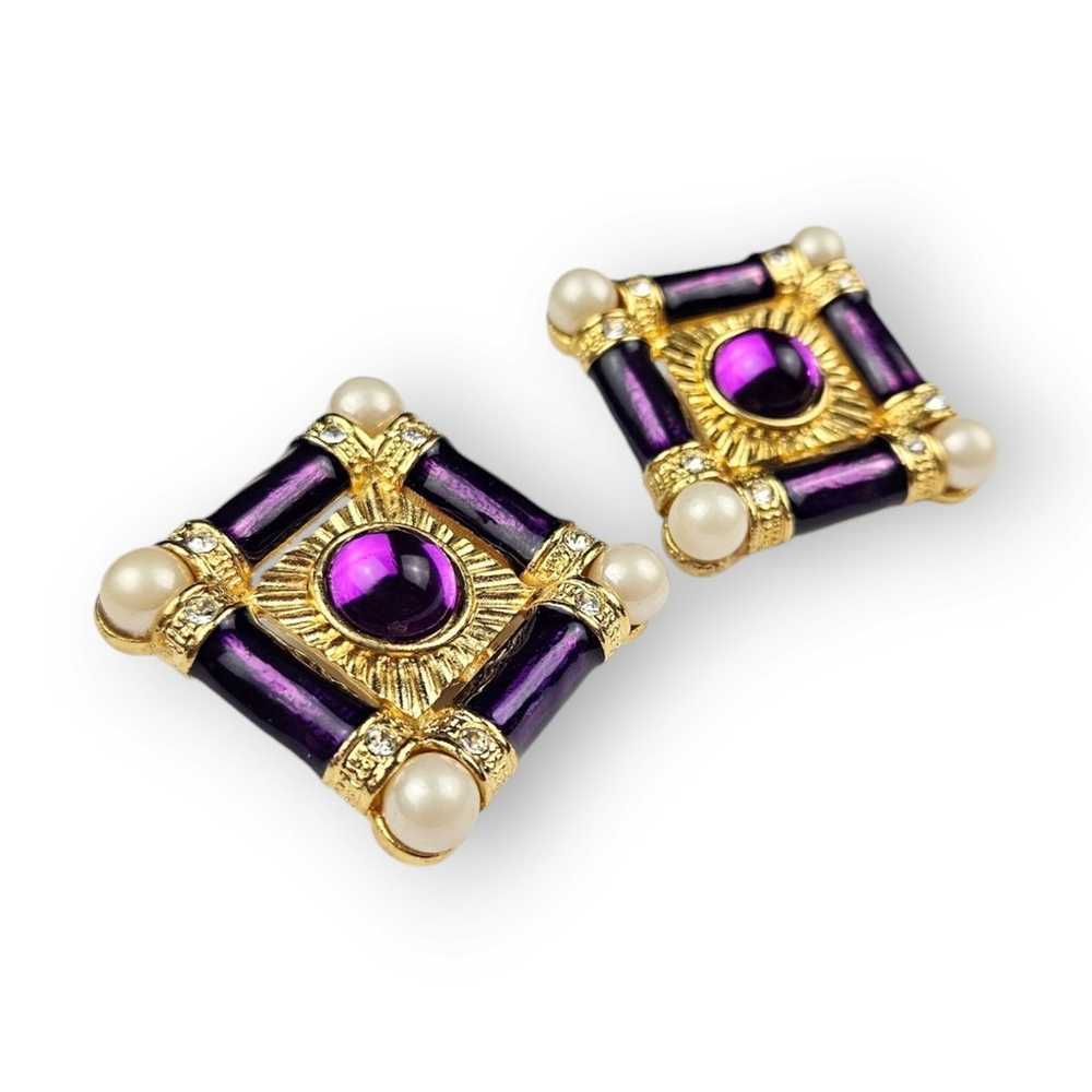 Vintage 80s Runway Earrings Purple Enamel Lucite … - image 3