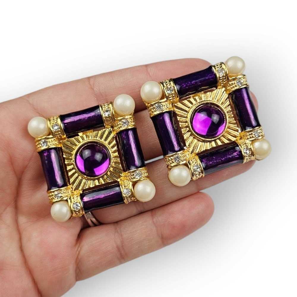 Vintage 80s Runway Earrings Purple Enamel Lucite … - image 7