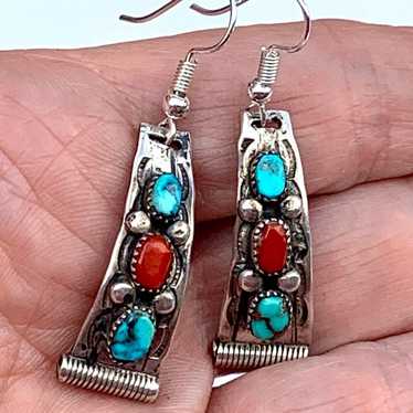 Turquoise and Coral Sterling Earrings