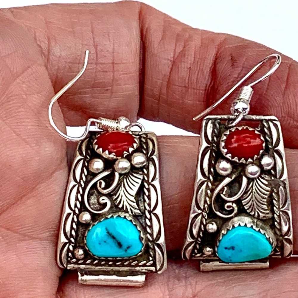 Turquoise and Coral Sterling Earrings - image 1