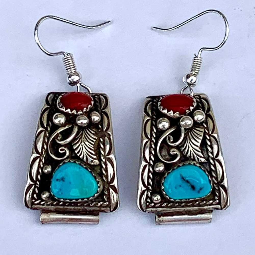 Turquoise and Coral Sterling Earrings - image 3