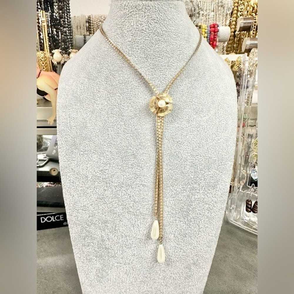 Vintage Gold Plated Faux Pearl Adjustable Bolo La… - image 1