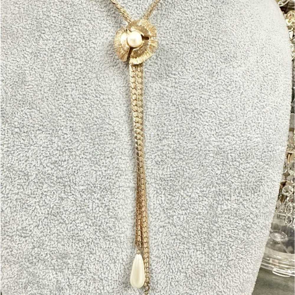 Vintage Gold Plated Faux Pearl Adjustable Bolo La… - image 6