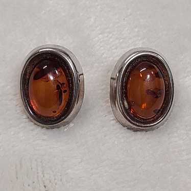 Vintage Oval Sterling Silver Baltic Amber Earrings