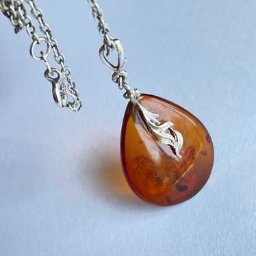 Sterling silver Amber Gemstone pendant vintage ne… - image 1