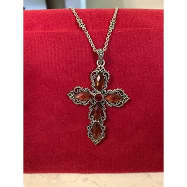 Vintage Silver Cross Necklace With Red Gemstones … - image 1