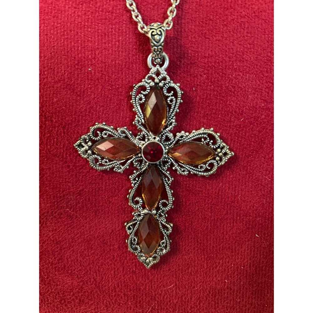 Vintage Silver Cross Necklace With Red Gemstones … - image 3