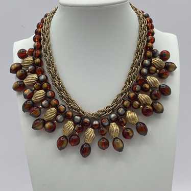 Vintage Kramer Bib Necklace, Three Layers, Carame… - image 1