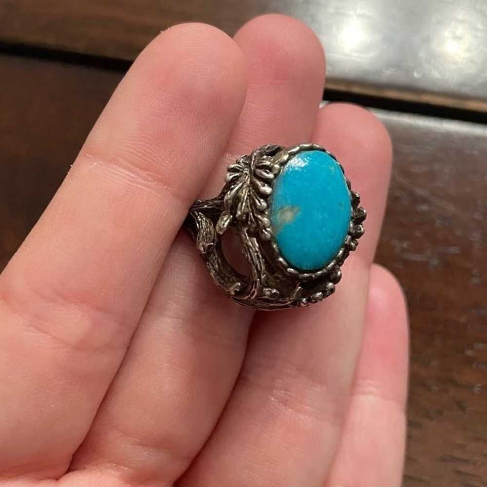 Unique Vintage Sterling Branch Set Turquoise Ring - image 1