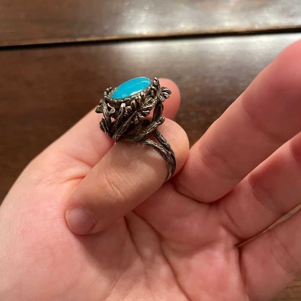 Unique Vintage Sterling Branch Set Turquoise Ring - image 6