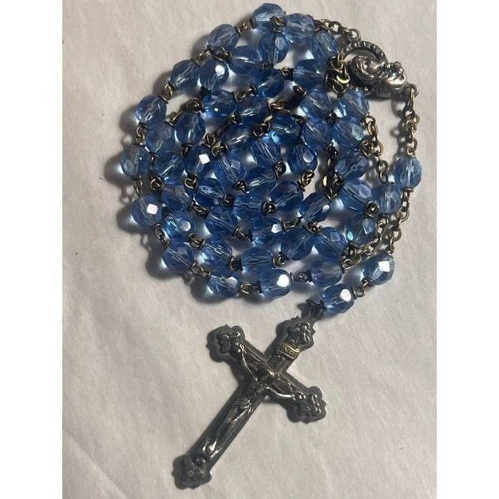 Vintage 1950s Blue Crystal Rosary with Silver Cro… - image 1