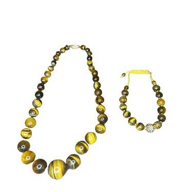 VINTAGE 14K GSJ GOLD TIGER'S EYE BEAD NECKLACE 18… - image 1