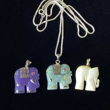 3 Elephant Pendants Necklace Green & Purple Jades… - image 1