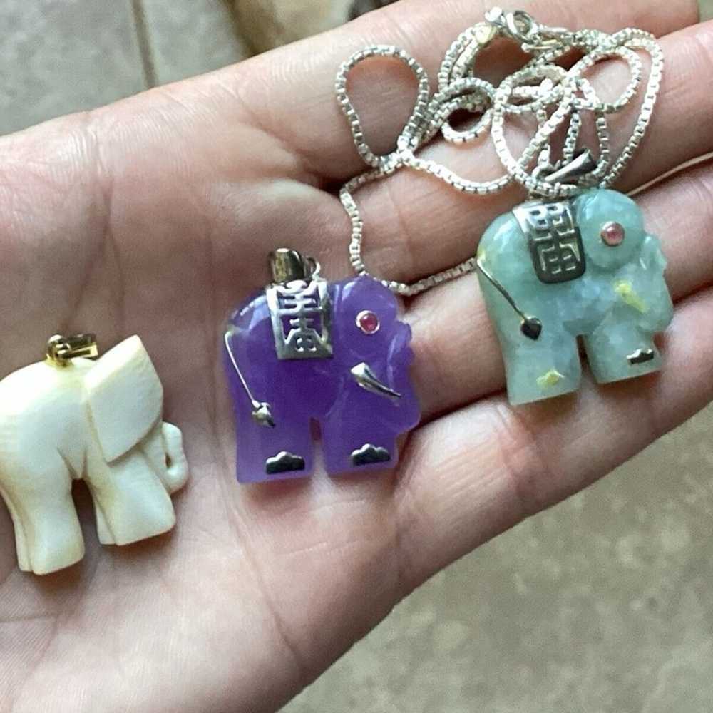 3 Elephant Pendants Necklace Green & Purple Jades… - image 2