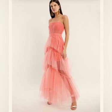 BCBG Oly Tulle Tiered Ruffle Corset Coral Dress Si