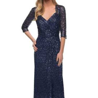 La Femme Navy Blue Ruched Sequin Column Gown