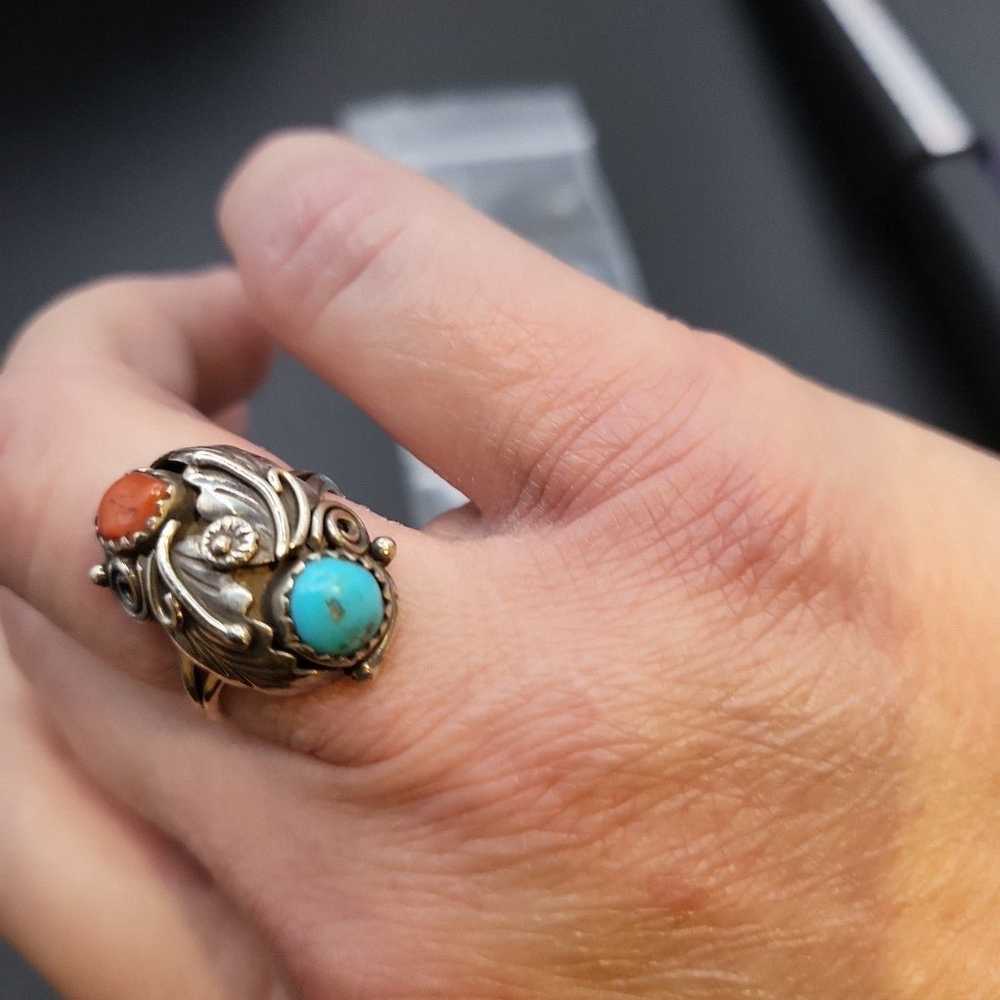 BEAUTIFUL VINTAGE TURQUOISE AND CORAL RING # 622 - image 10