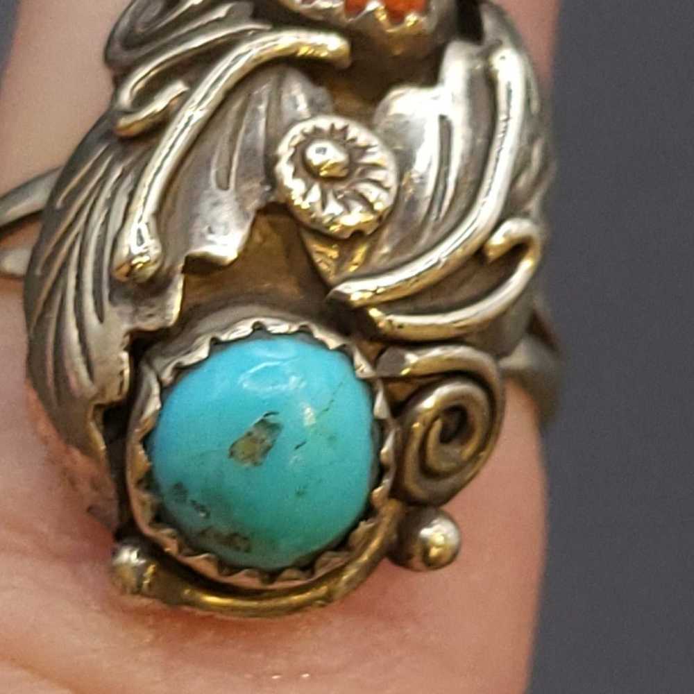 BEAUTIFUL VINTAGE TURQUOISE AND CORAL RING # 622 - image 7