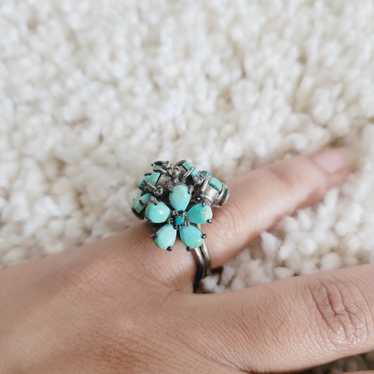 Vintage Sterling Silver Turquoise Floral Cluster … - image 1