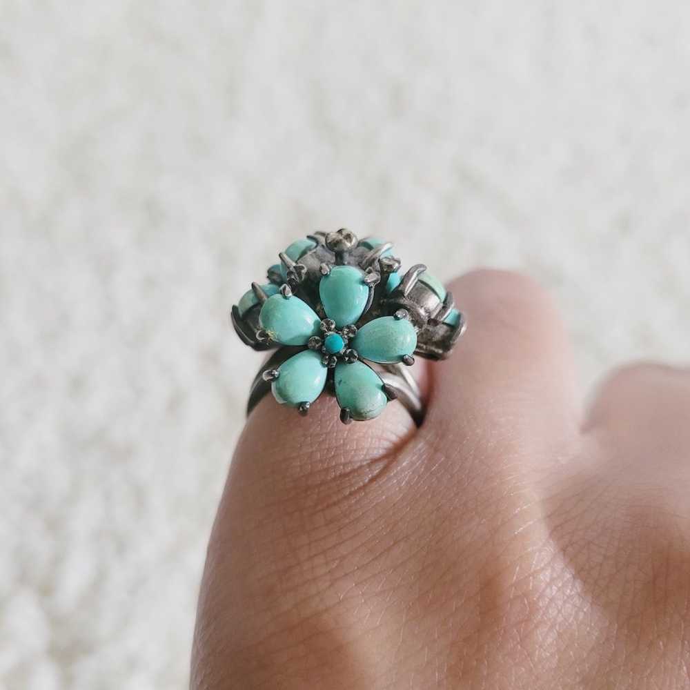 Vintage Sterling Silver Turquoise Floral Cluster … - image 2