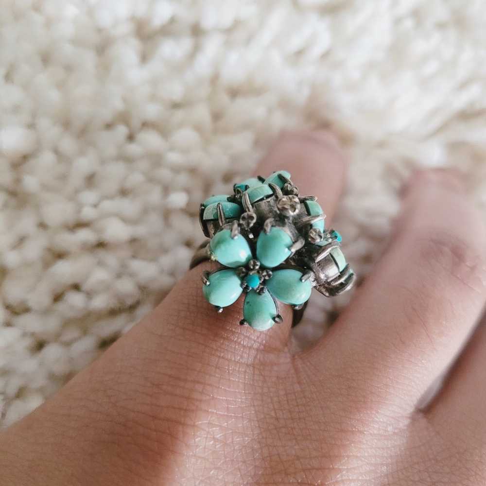 Vintage Sterling Silver Turquoise Floral Cluster … - image 3