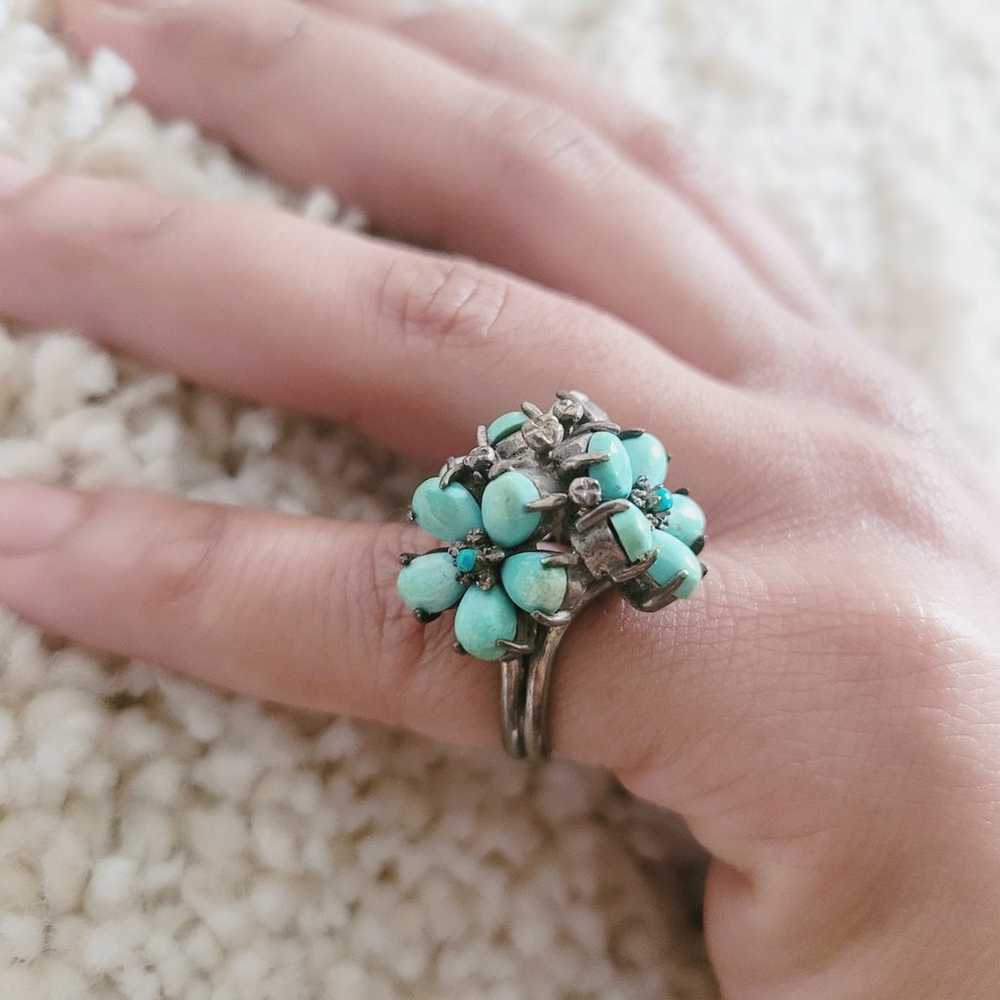 Vintage Sterling Silver Turquoise Floral Cluster … - image 5