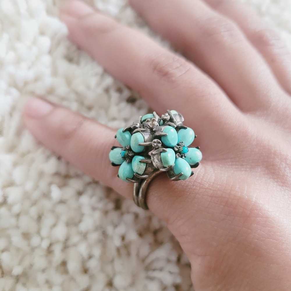 Vintage Sterling Silver Turquoise Floral Cluster … - image 7