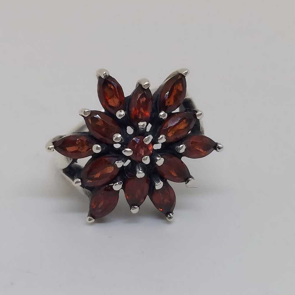 Vintage Sterling Silver Red Garnet Flower Cluster… - image 1