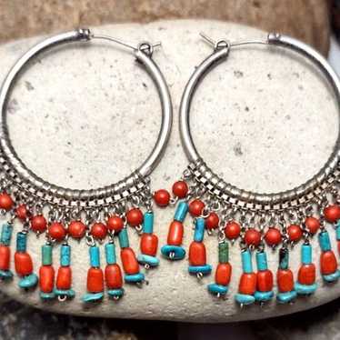 Vintage Southwestern Sterling Silver Coral Turquo… - image 1