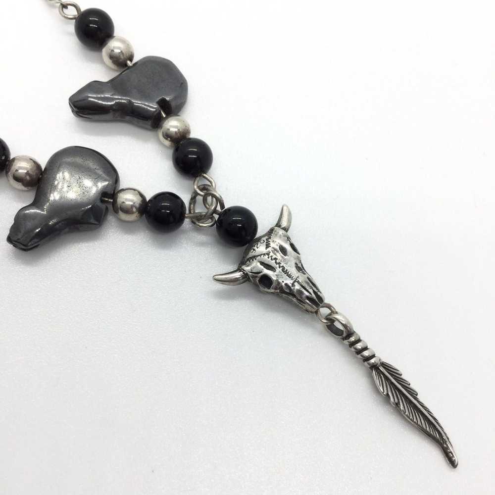 BULL HEAD FEATHER HEMATITE ONYX NECKLACE - image 6