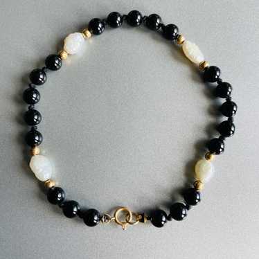 Vintage 14k Gold Onyx And Freshwater Pearl Beaded… - image 1