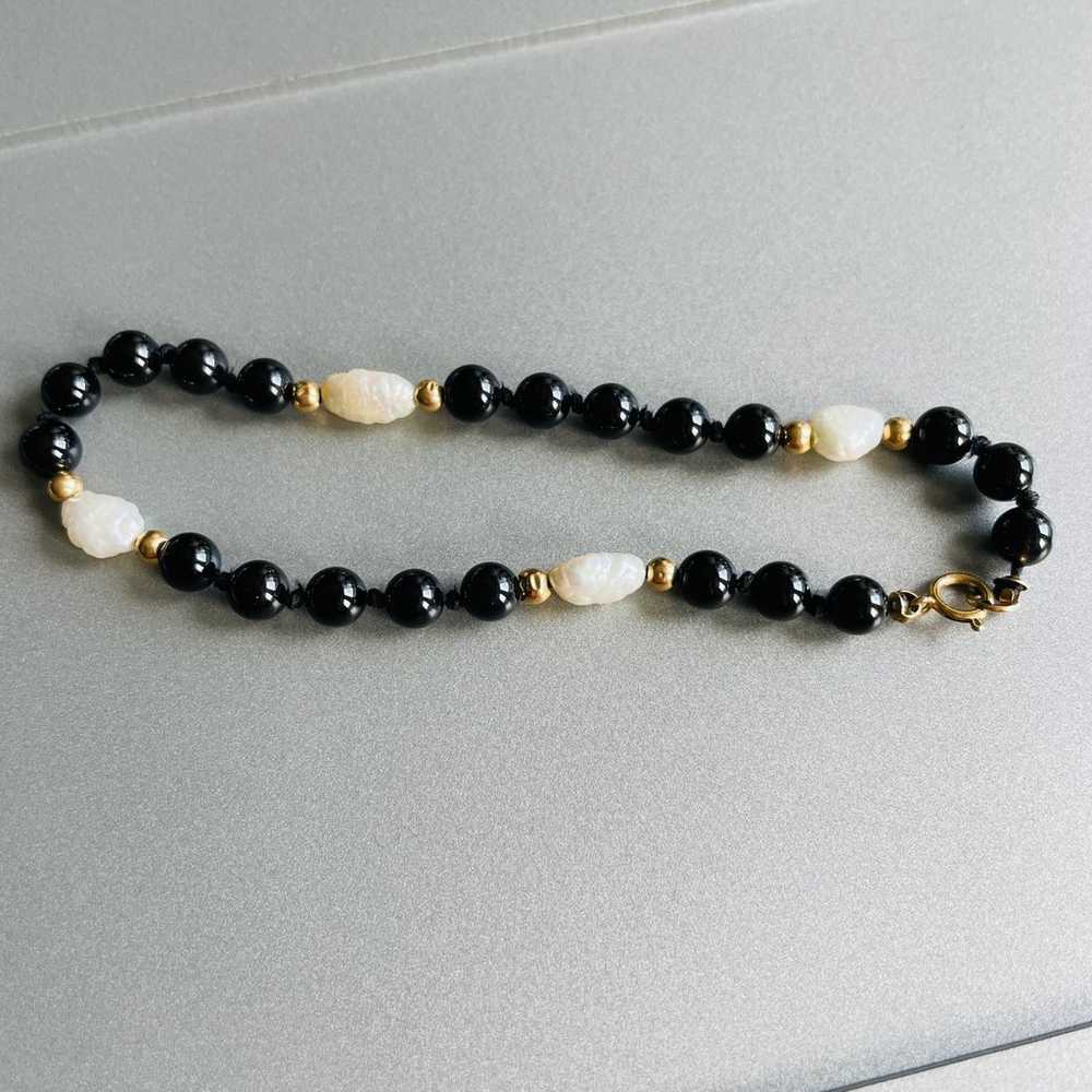 Vintage 14k Gold Onyx And Freshwater Pearl Beaded… - image 2