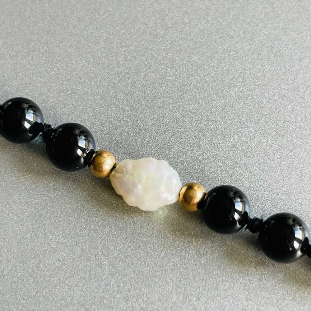 Vintage 14k Gold Onyx And Freshwater Pearl Beaded… - image 5