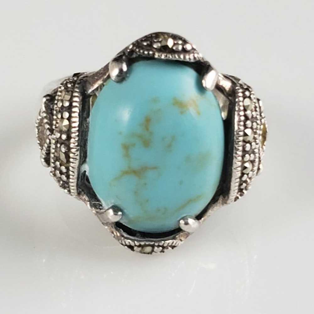 Vintage 1940s Turquoise & Marcasite Sterling Ring - image 1