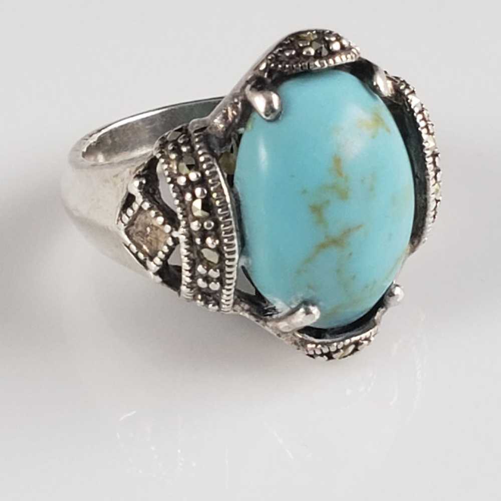 Vintage 1940s Turquoise & Marcasite Sterling Ring - image 2