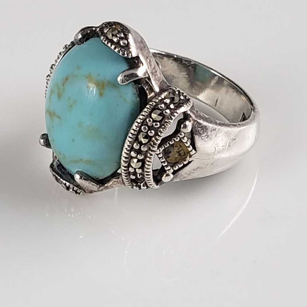 Vintage 1940s Turquoise & Marcasite Sterling Ring - image 3