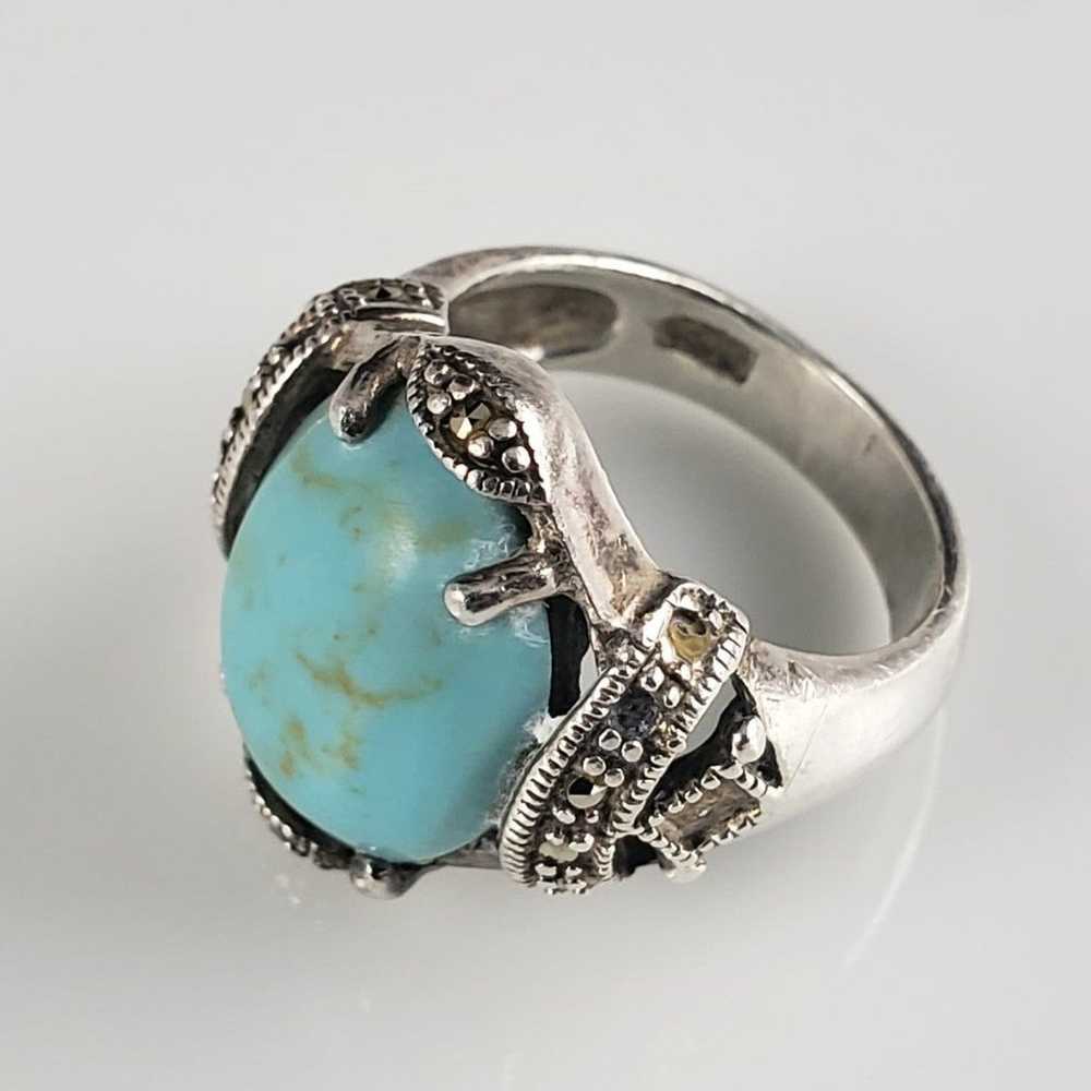 Vintage 1940s Turquoise & Marcasite Sterling Ring - image 6