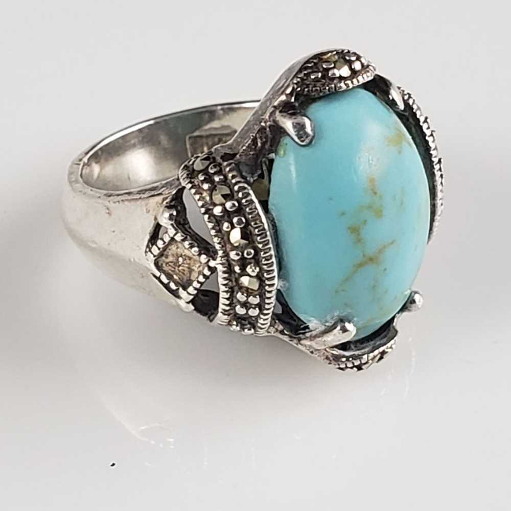 Vintage 1940s Turquoise & Marcasite Sterling Ring - image 7