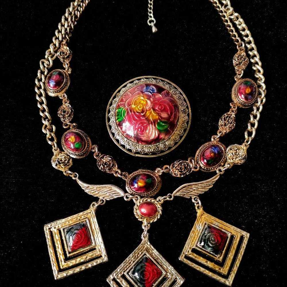 Ontario rose flower cloisonné enamel 2-strand nec… - image 1