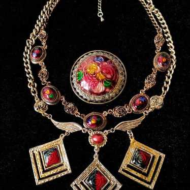 Ontario rose flower cloisonné enamel 2-strand nec… - image 1