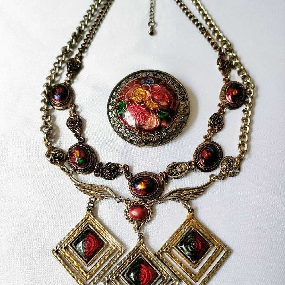 Ontario rose flower cloisonné enamel 2-strand nec… - image 7