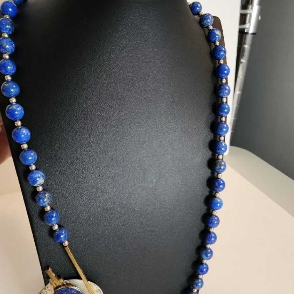 Vintage Artisan Lapis Sterling Silver Brass Neckl… - image 2