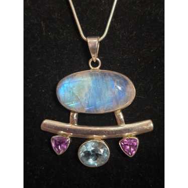 Vintage Modernist Moonstone, Blue Topaz & Amethys… - image 1