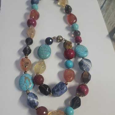 S98. Vintage Multi Stone Beaded Necklace and Brac… - image 1