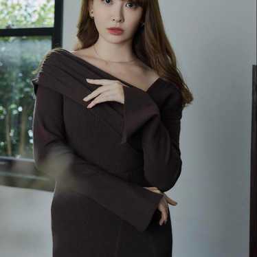 Dark Brown Knit One-Piece Long Sleeve Off-Shoulder - image 1