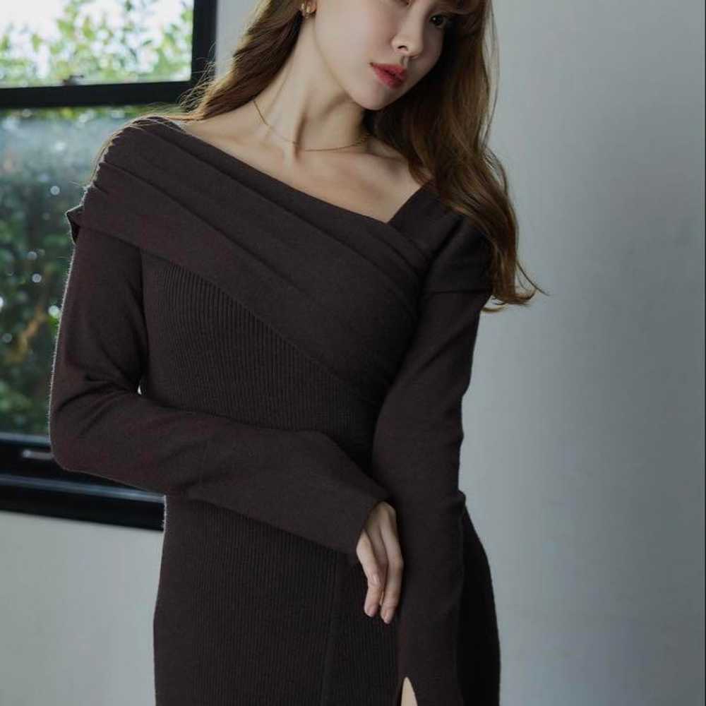 Dark Brown Knit One-Piece Long Sleeve Off-Shoulder - image 2