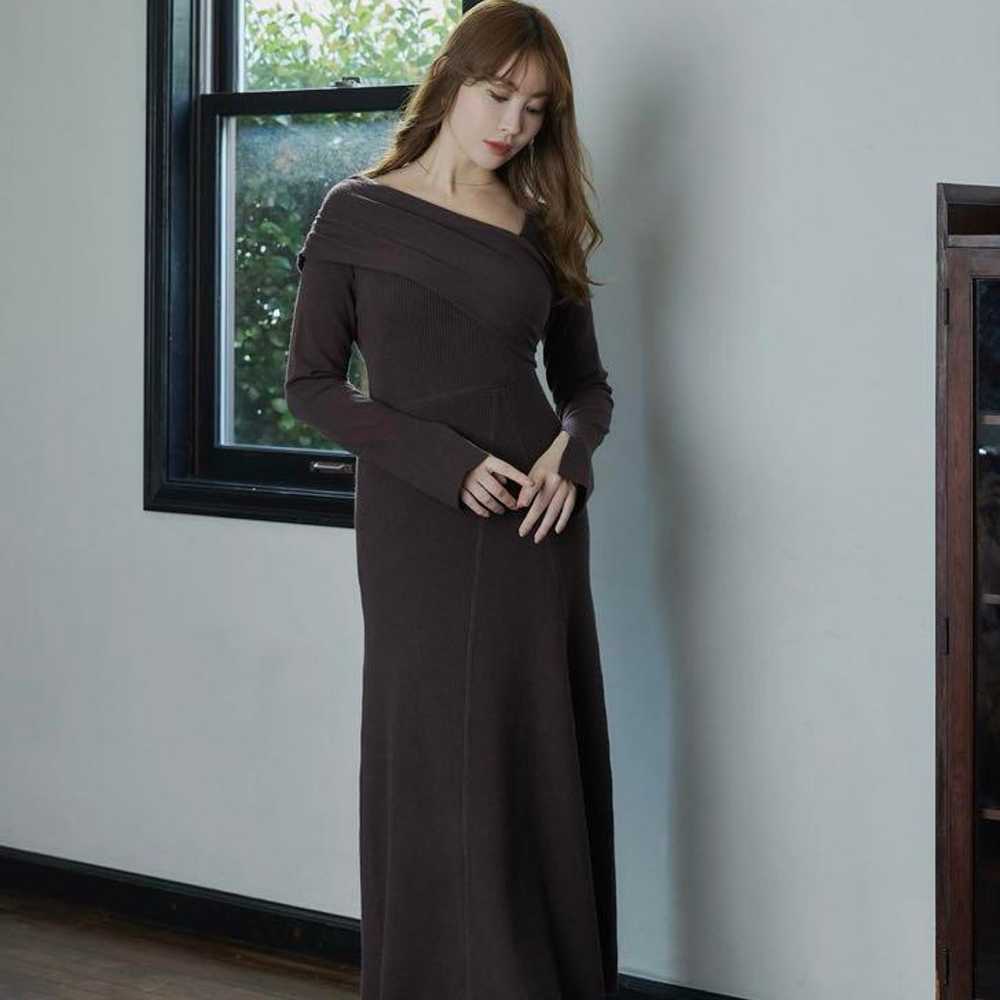 Dark Brown Knit One-Piece Long Sleeve Off-Shoulder - image 3