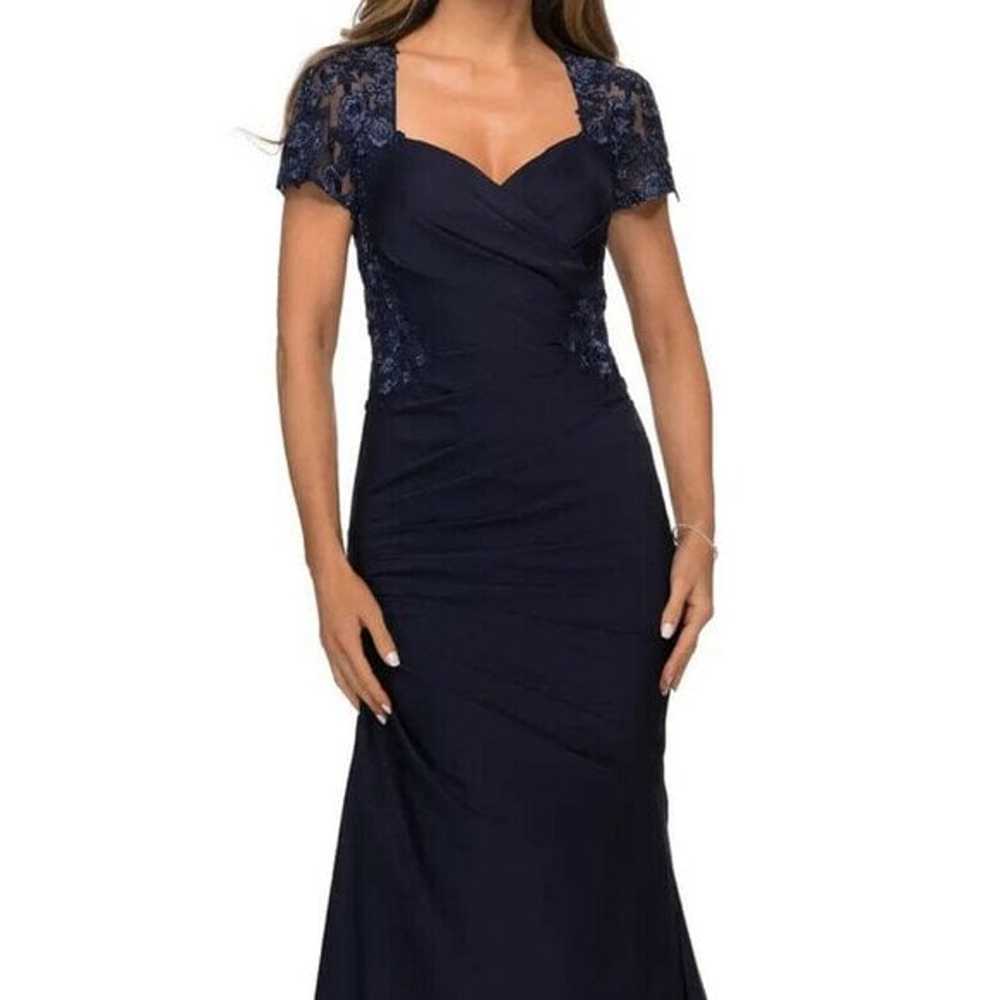 La Femme Navy Blue Lace Back Satin Trumpet Gown - image 1